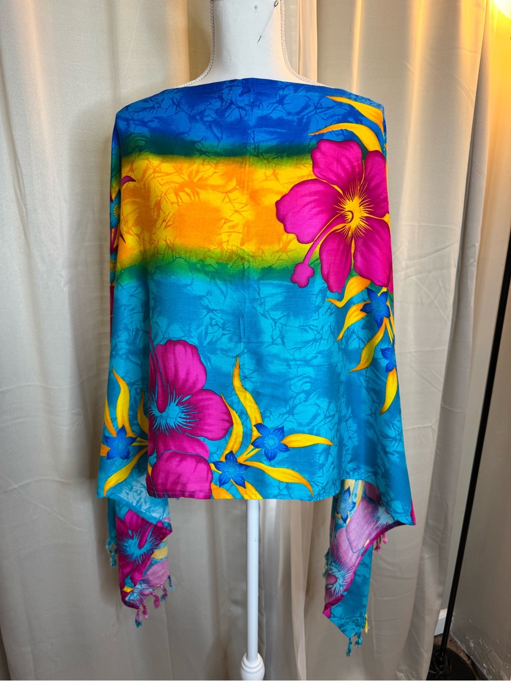 Vibrant Tropical Floral Tassel Scarf Wrap Cruise Wear Blue Pink Yellow 70x22 - Picture 9 of 10